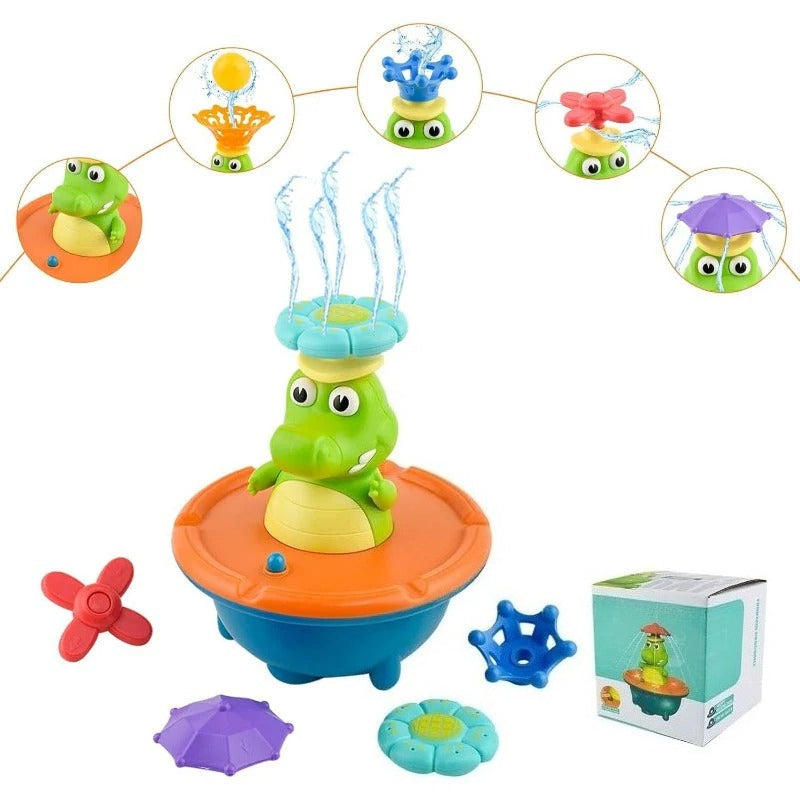 Crown Splash Crocodile LED Bath Fountain Toy – 6 Spray Caps & Spinning Light Show