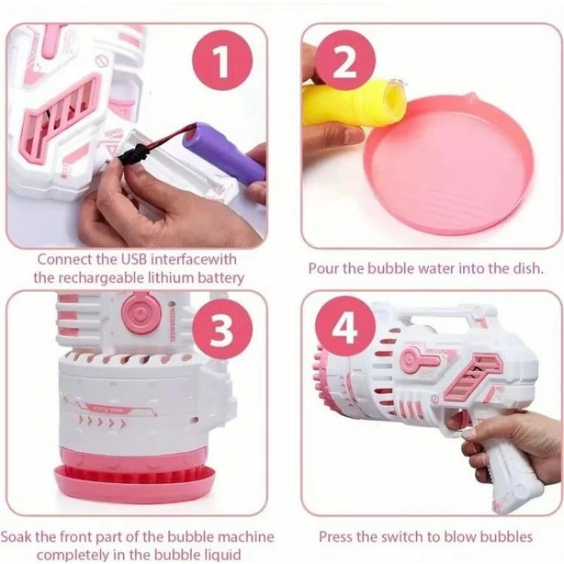 LED Bubble Rocket Blaster 69 Hole Light-Up Machine with USB Recharge