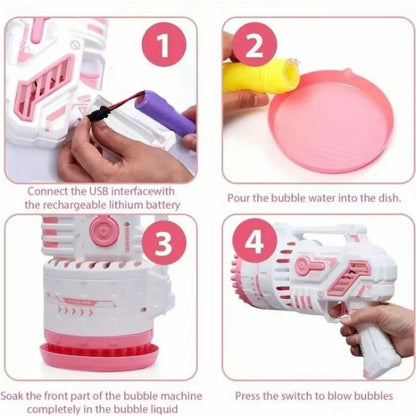 LED Bubble Rocket Blaster 69 Hole Light-Up Machine with USB Recharge